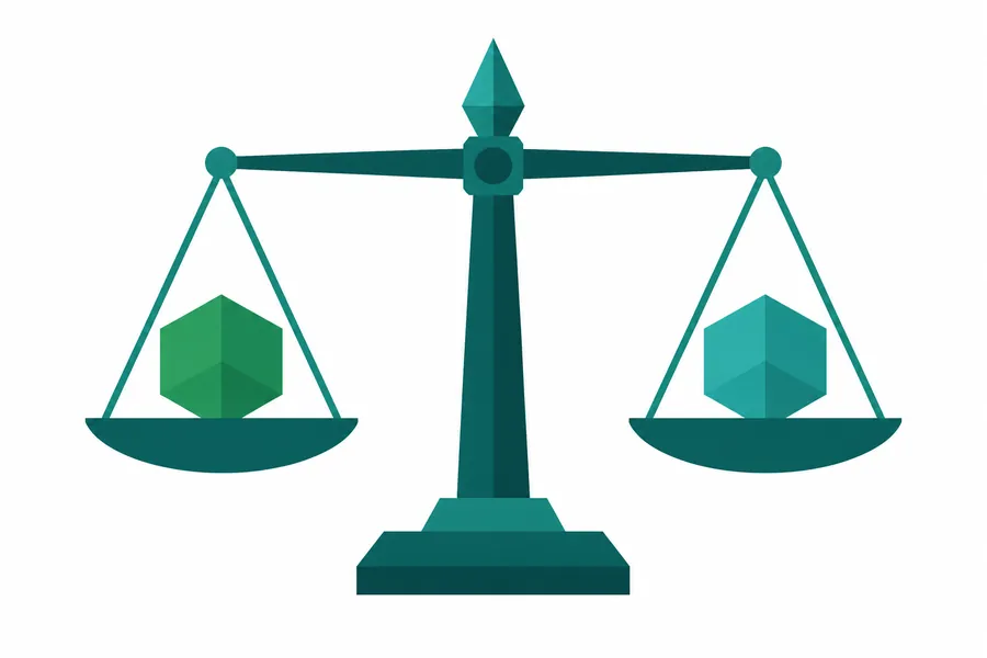 Ilustración de una balanza equilibrada con dos pesos geométricos idénticos, representando la neutralidad editorial