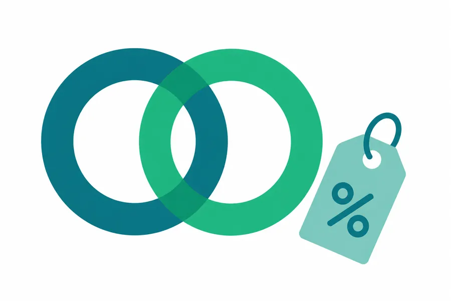 Ilustración de dos anillos entrelazados junto a una etiqueta de porcentaje, representando una relación comercial transparente