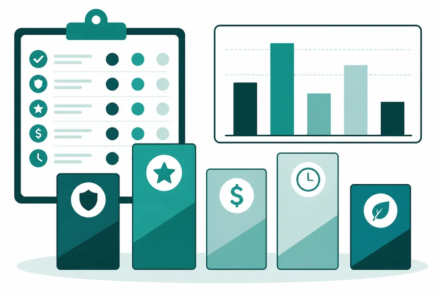 Ilustración de tarjetas comparadas junto a un checklist y un gráfico de barras, representando el proceso de comparación de operadores