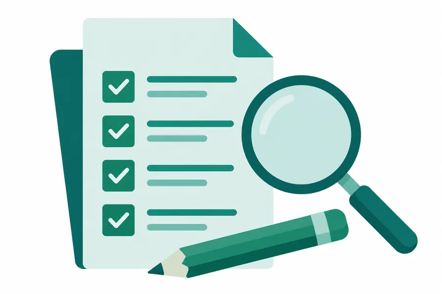 Ilustración de un documento con checklist, una lupa y un lápiz, representando el trabajo editorial