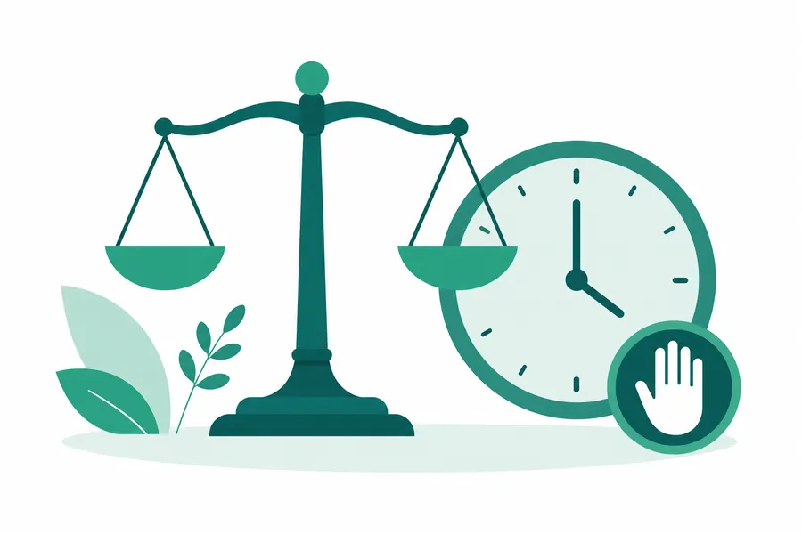 Ilustración de una balanza junto a un reloj y un ícono de stop, representando el equilibrio y el control del tiempo de juego