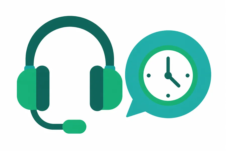 Ilustración de auriculares de soporte junto a un globo de chat con un reloj