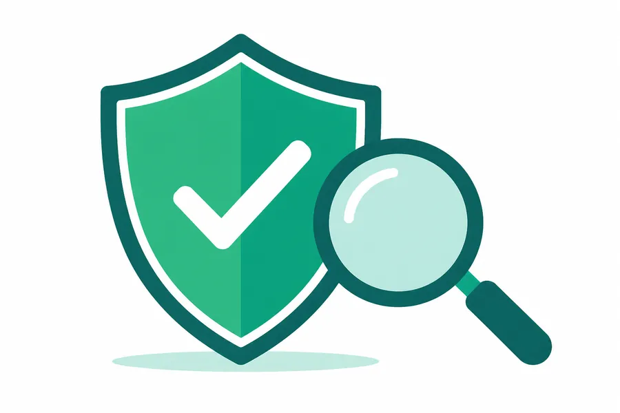 Ilustración de un escudo con una marca de verificación y una lupa, representando el proceso de verificar un sitio autorizado